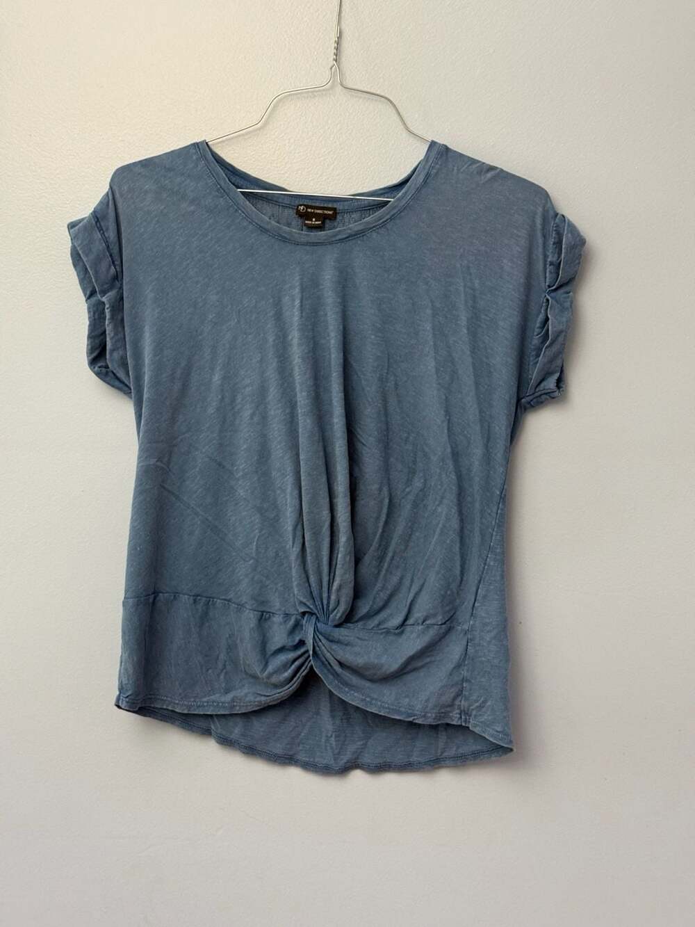 New Directions Women's Blue Knotted Front Top with Embroidery